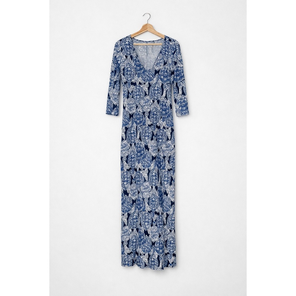 Lilly Pulitzer Anissa Deep Indigo Snap To It Turtle Print Maxi Blue White Resort